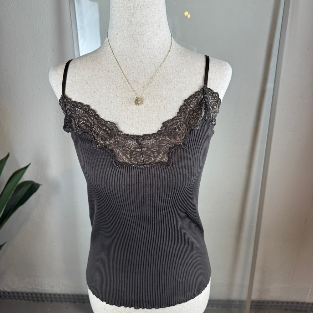 Banana Republic Camisole Women S Brown Excellent Ribbed Lace Trim Cotton Top - Picture 2 of 6